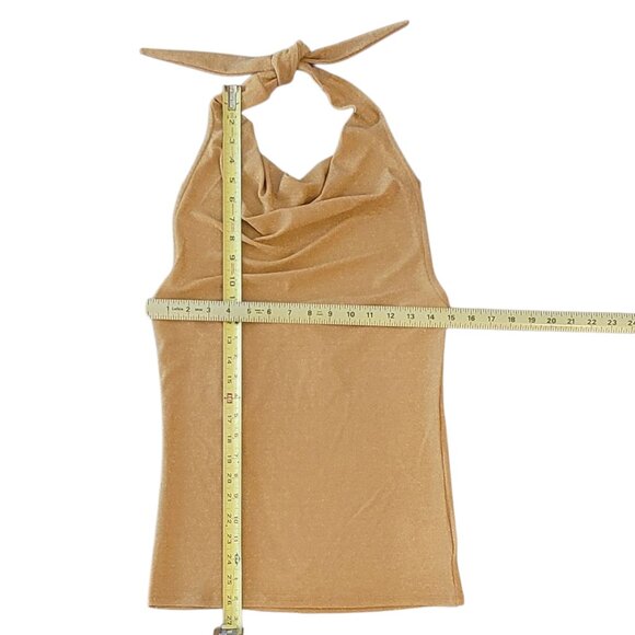 Express Gold Metallic Shimmery Tie Back Stretchy Halter Top Cowl Neckline NEW - Picture 4 of 9